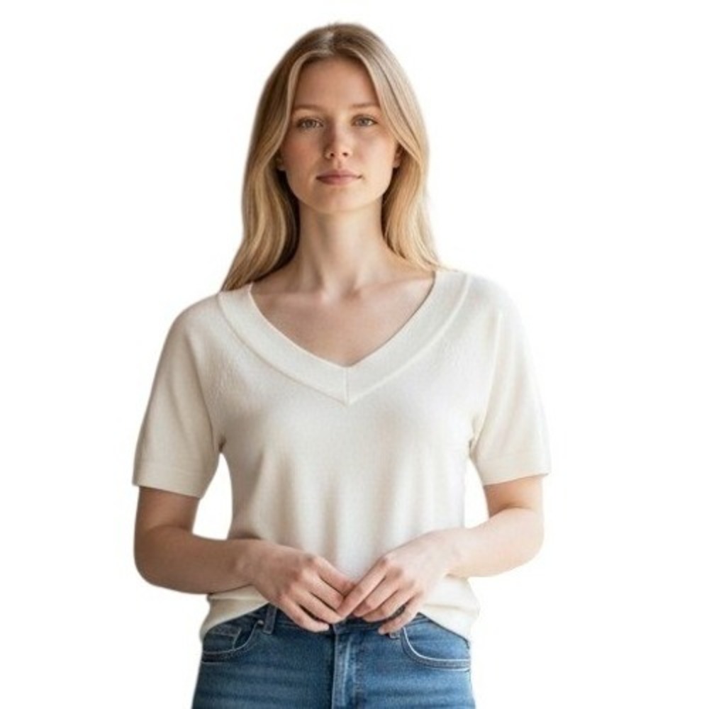Thalia Sodi Cream Knit V Neck Short Sleeve Cropped Sweater Top Women X Large